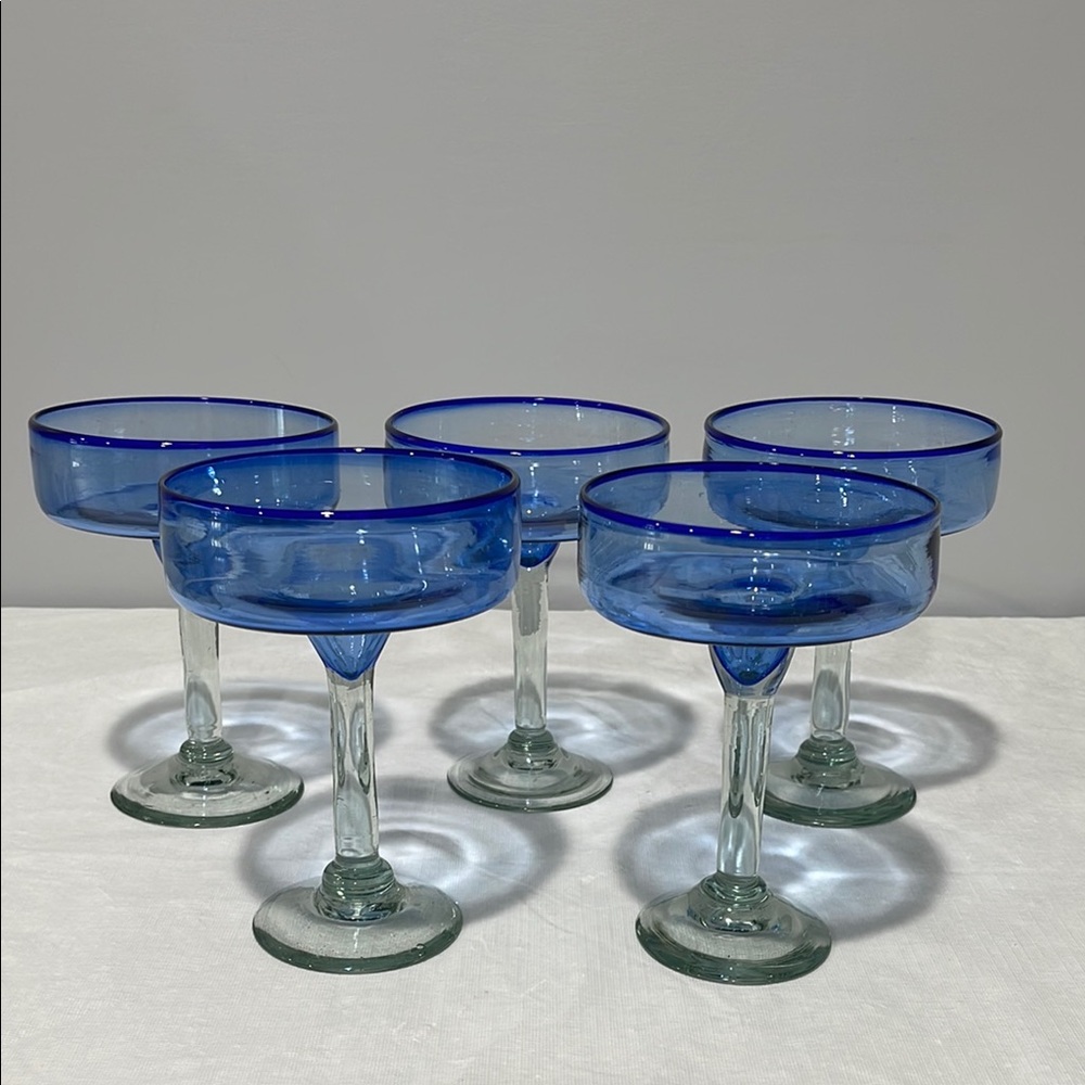 Margarita glasses set of 5 hand-blown blue with clear stem 12 oz capacity